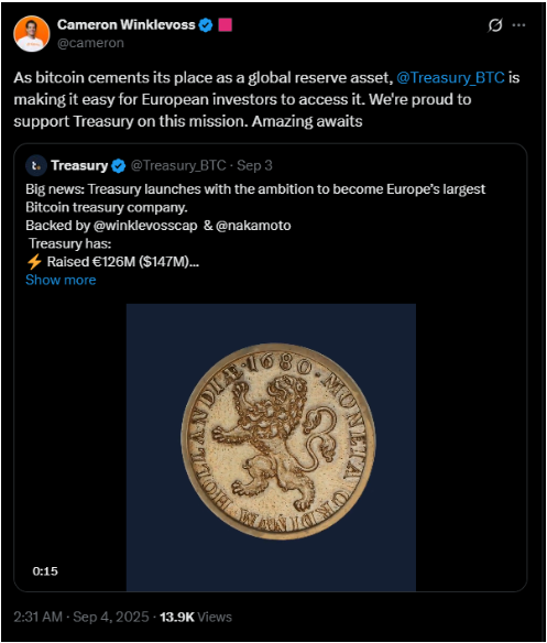 Cameron Winklevoss celebrates Treasury’s launch | Source: X