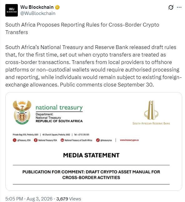 South African Crypto Regulation Update | Source: Wu Blockchain