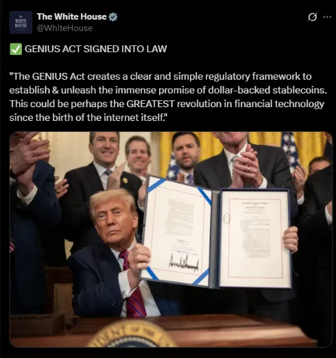 The GENIUS Act was signed into law earlier in the year | Source: X